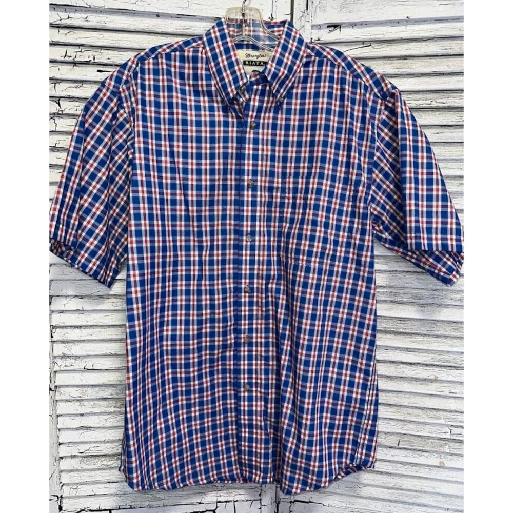 Men's Blue/Red Wrangler Riata Button Up Shirt Size Medium